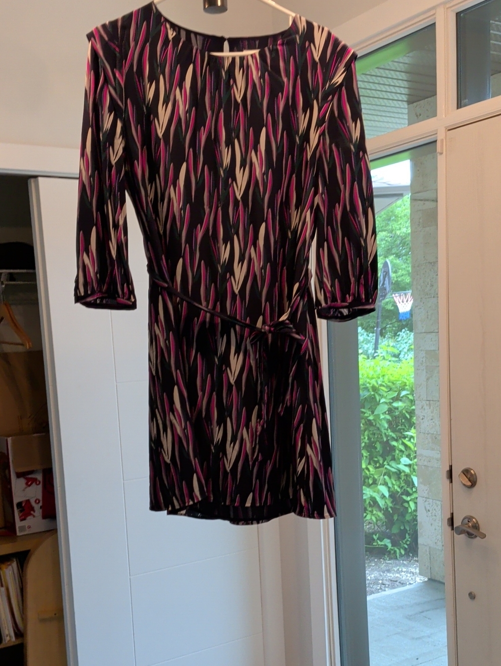 MARCS Navy Dress with Pink and Cream Abstract Motif